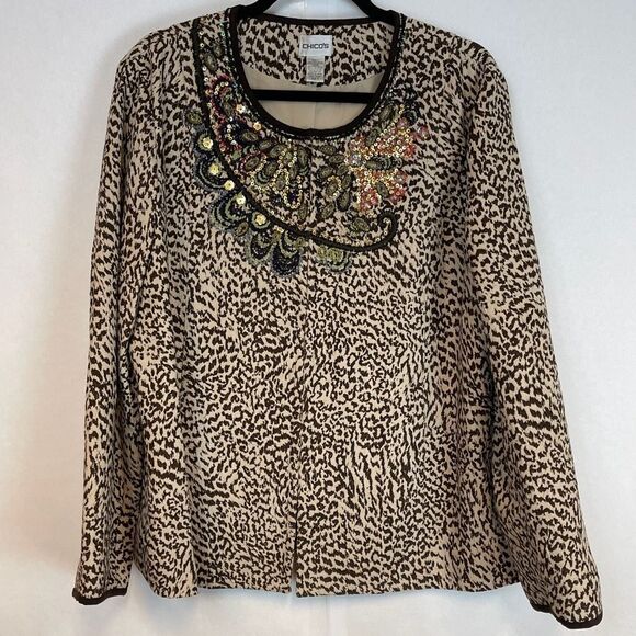 CHICO’S Jacket XL Brown Leopard Print Beaded Sequins Lined Long Sleeve Size 3 - Picture 1 of 12